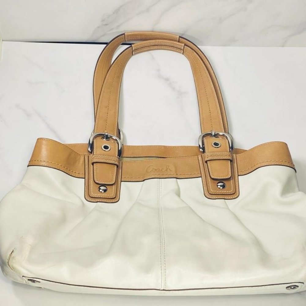 Coach Off White & Tan Leather Soho Pleated Expandable Satchel 13732